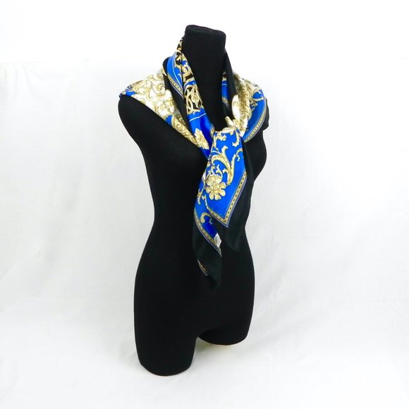 NWOT Hermès Inspired Italian Blue & Gold Silky Scarf - Picture 4 of 11
